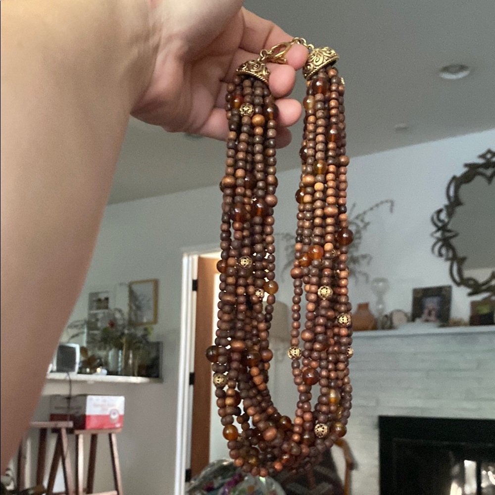 Elegant Brown Wooden Beaded Multistrand Chunky Necklace